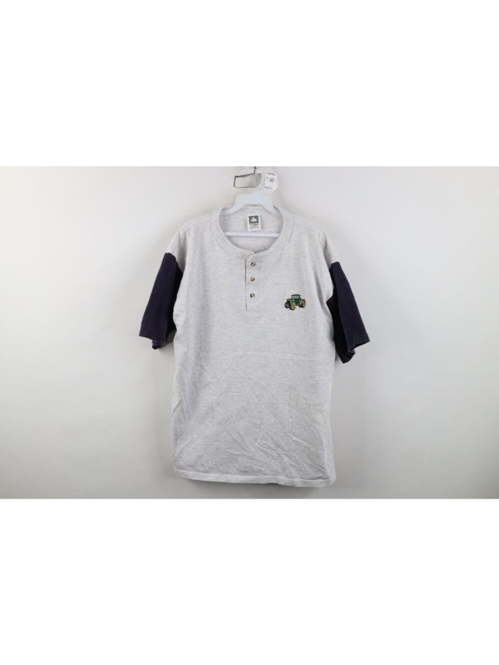 Vintage 90s John Deere Tractor Baseball Raglan Henley T-Shirt Mens Size L Gray